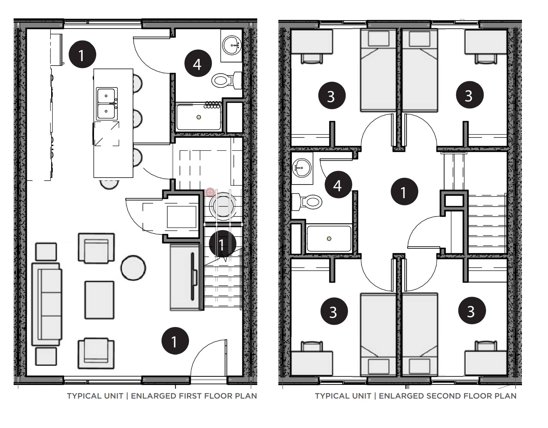 Floorplan showing first floor living room, kitchen, bathroom and dining area with second floor showing four bedrooms and one bathroom